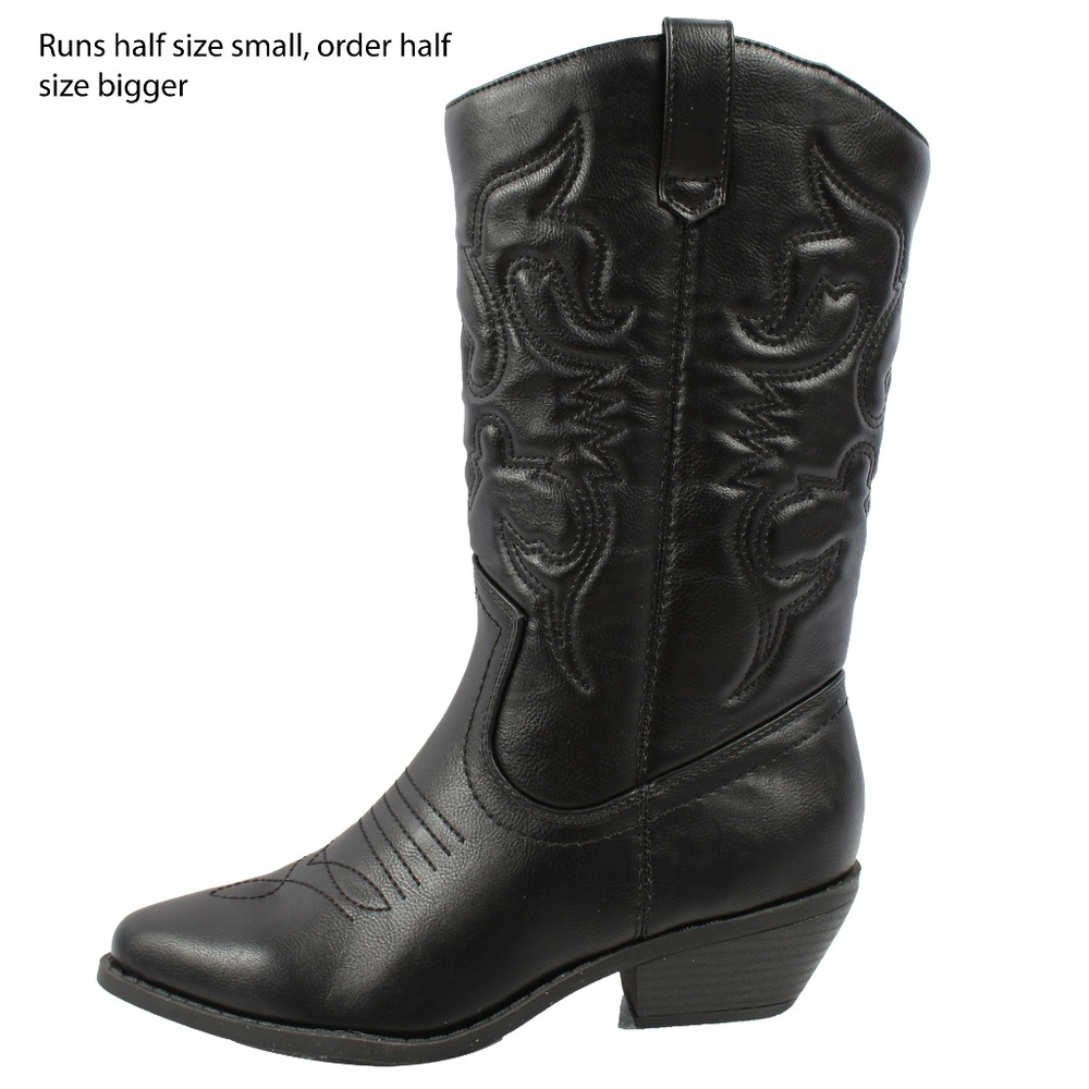 Black cowboy knee high pull on boot - Picture 2 of 8